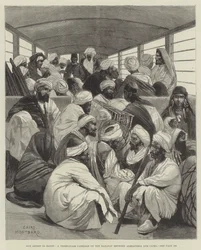 Onze kunstenaar in Egypte, een derde klas rijtuig op de spoorweg tussen Alexandrië en Caïro